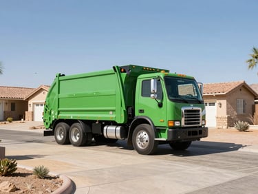 Wide-angle commercial photo of a clean green Hauling Vegas Junk truck parked in a bright Las Vegas desert residential driveway, high-contrast daylight.