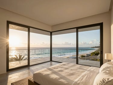 Bright architectural photography of a modern minimalist bedroom in Fidjrosse Cotonou, ocean view through glass doors, morning sunlight