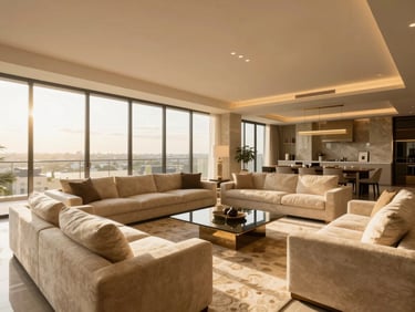 Warm architectural photography of a luxury penthouse living room in Haie Vive Cotonou, modern furniture, champagne tones, wide-angle lens