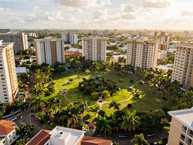 Wide-angle view of a prestigious land plot in Haie Vive, Cotonou, surrounded by high-end residences, bright daylight, tropical greenery