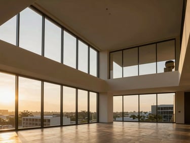 Minimalist luxury apartment penthouse interior in Cotonou, high ceilings, large windows, golden hour light