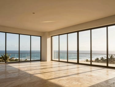 Minimalist luxury penthouse interior in Fidjrossè, Cotonou, bright West African sunlight, ocean view through wide windows
