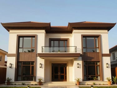 Modern luxury villa facade in Haie Vive, Cotonou, bright West African sunlight, elegant finishes