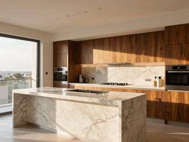 High-end architectural photography of a contemporary apartment kitchen in Les Cocotiers Cotonou, marble island, warm lighting