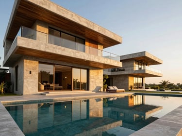 Modern luxury villa in Haie Vive, Cotonou, golden-hour sunlight reflecting on pool, architectural concrete and warm wood