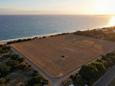 Aerial view of prime coastal land plot in Fidjrossè near the ocean, clear boundaries, sunset light