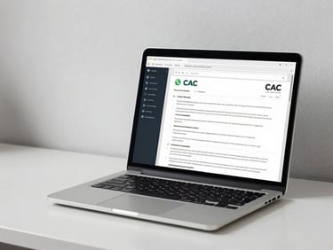 A clean minimalist West African workspace with a laptop displaying a custom WhatsApp chat flow and official CAC registration documents, cool-toned daylight