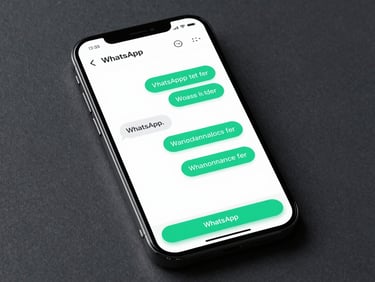 A high-fidelity UI mockup of a custom WhatsApp chat flow, displaying structured automated replies and interactive buttons on a dark smartphone screen, crisp electric teal accents, clean slate background