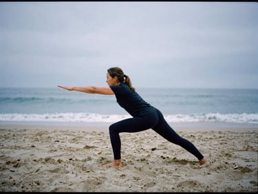 Portrait of a female physical education teacher, mid-30s, demonstrating a stretching exercise on the sand, Playa Cardiel in background, overcast coastal daylight, technical movement analysis, 35mm film grain.