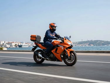 A professional motorcycle courier navigating alternative routes beside the Bosphorus, dynamic angle, crisp daylight, high-contrast corporate navy and orange tones, 35mm