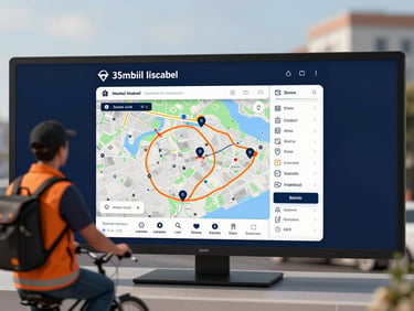 Modern digital dispatch dashboard showing real-time GPS tracking of couriers across Istanbul map, clean tech interface, crisp daylight, 35mm