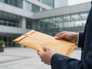 Close-up of hands carefully sealing a secure corporate document envelope in a modern office lobby, crisp daylight, high-contrast corporate navy tones, 35mm