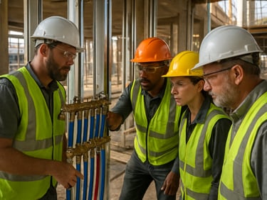 Real, high-resolution photograph of an active, highly organized construction site, workers in proper PPE inspecting a clean plumbing manifold, bright natural daylight.