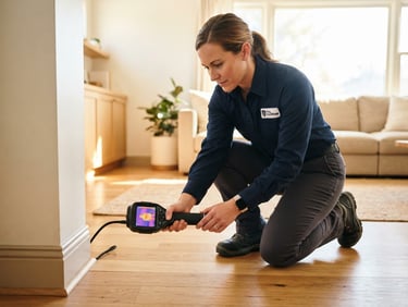 Bright professional photography of a clean pest control technician in a neat uniform holding a modern inspection tool in a bright, sunlit home interior.