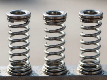 Close-up macro shot of clean, heavy-duty steel torsion springs mounted on a solid shaft. Symmetrical, bright daylight, high clarity.