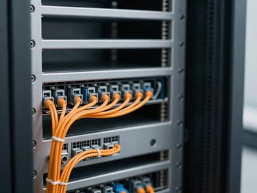 Medium close-up of a server rack with neatly organized, color-coded cabling, soft focused studio light, desaturated slate tones with sharp orange accents, shallow depth of field, 50mm