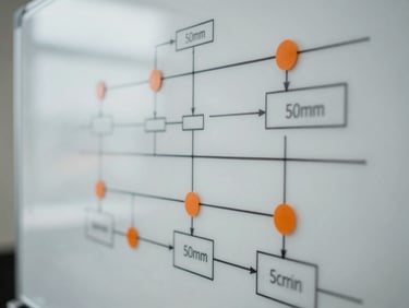 Close-up of a technical architect analyzing a complex system architecture diagram on a whiteboard, lines connecting different components, cool natural daylight, desaturated slate tones with sharp orange accents, shallow depth of field, 50mm