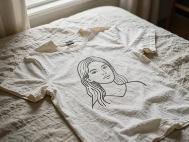 A cotton t-shirt with a custom minimal line art portrait printed on it, lying on a soft linen sheet