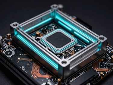 Macro shot of a high-end motherboard with metallic heat sinks, deep obsidian background, sharp neon cyan rim lighting highlighting the copper circuits, high-contrast tech aesthetic