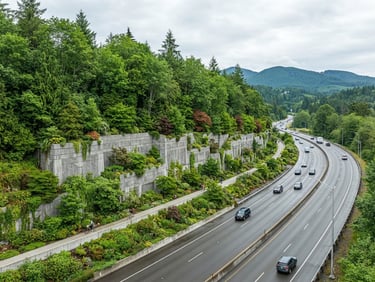 Wide environmental shot of a completed concrete highway retaining wall integrated with a lush engineered green belt, overcast daylight, rich forest greens and slate grays, wide-angle lens