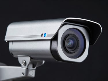 Sharp close-up of a high-tech security camera with a subtle blue LED indicator, metallic silver casing, dark background, 50mm lens, high contrast.