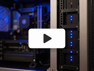 Mockup de player de vídeo com botão de reprodução centralizado, exibindo uma central de servidores com luzes LED azuis e racks metálicos prateados, alta nitidez, iluminação técnica fria