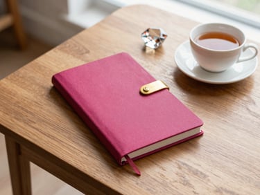 Sunlit flatlay of a chic gold-accented journal on a wooden coffee table, a cup of tea, and a small diamond-shaped paperweight