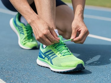 Close-up of hands tying shoelaces of a running shoe on a running track, vibrant green and blue tones, sharp focus, 35mm lens
