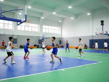 Wide environmental view of an inclusive sports hall filled with children playing basketball, bright indoor lighting, energetic blue and green tones, sharp focus, 35mm lens
