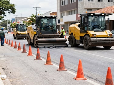 Candid photojournalism of road construction workers on Avenida Afonso Pena, orange cones, asphalt paving machines, bright daylight, realistic color tones