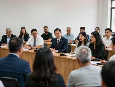 Medium shot of local politicians in a brightly lit municipal chamber during a press conference, documentary style, natural lighting