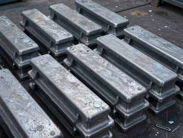 Overhead close-up of alloy ingots and raw metal charge stacked on a foundry floor, cool diffuse daylight from above, organised rows, no people