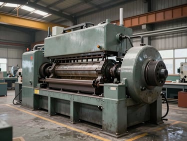 Wide environmental shot of foundry machinery — a moulding machine at rest in an organised bay, industrial lighting from above, concrete floor with marked zones visible, no people