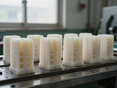 Row of investment cast wax patterns on a tree assembly, industrial bench under daylight from a factory window, tight framing showing surface detail, no people