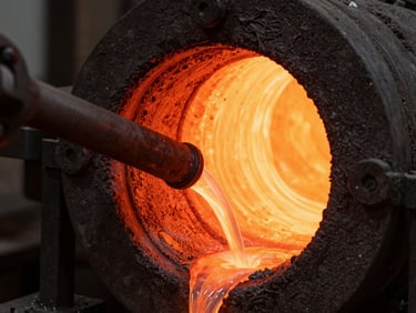Tight close-up of a furnace tap-hole with molten metal beginning to flow, orange-red glow against dark refractory lining, industrial work lighting, no people
