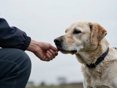 Close-up of a service dog nudging a sleeping handler's hand, natural overcast daylight, high-contrast desaturated tones with blue accents, sharp focus, 35mm lens.