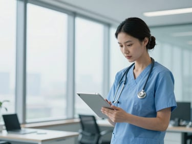 Healthcare executive reviewing patient data on a tablet in a modern office, structured data, cool blue tones, professional editorial style, 50mm lens, shallow depth of field