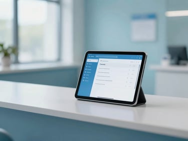 Modern, quiet healthcare front desk with a tablet displaying a clean interface, cool blue tones, natural daylight, professional editorial style, 50mm lens, shallow depth of field