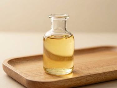 Golden massage oil in a clear glass vessel on a light wooden tray, warm golden-hour light reflecting through the liquid, soft focus.