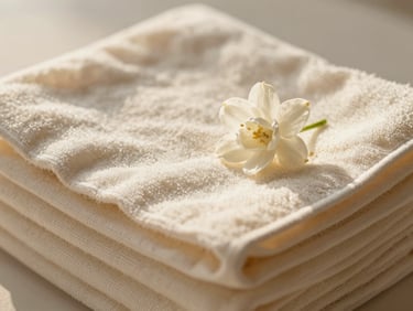 Close-up of clean folded organic cotton towels beside a single white jasmine flower, soft diffused natural light, warm-anchored luxury minimalism.