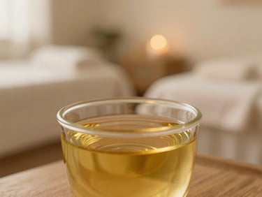 Macro close-up of a clear glass vessel filled with golden massage oil, reflecting soft candlelight in a serene, empty treatment room, shallow depth of field.