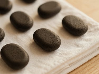 Macro detail shot of smooth, dark volcanic massage stones resting on pristine folded white linen, warm diffused golden-hour light, soft shadows, 35mm.