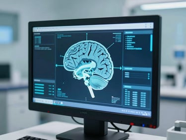 Close-up of a high-tech digital brain mapping interface on a modern monitor, cool blue and cyan ambient lighting, clean medical environment, shallow depth of field, 35mm