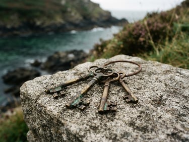 Close-up of historic brass keys resting on a rustic granite stone ledge, soft overcast Atlantic light, warm shadows, shallow depth of field, 35mm