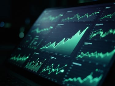 Macro shot of a dark analytical dashboard with glowing neon green growth charts and metrics, sharp focus, cool ambient screen reflections, 35mm