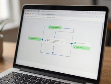 Close-up of a laptop screen showing an email automation sequence diagram with connected steps and WhatsApp message previews, warm desk environment, soft natural light from the left, no people, documentary detail shot