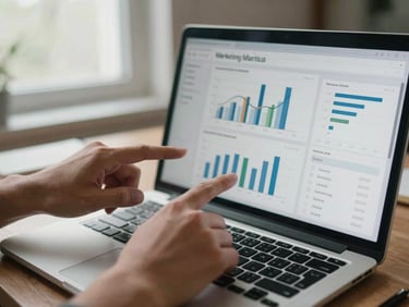 Medium close-up, hands pointing at a laptop screen showing a digital marketing analytics dashboard with graphs and KPI metrics, overcast natural window light from the left, desk surface with notebook and pen, documentary feel, no staged smiles