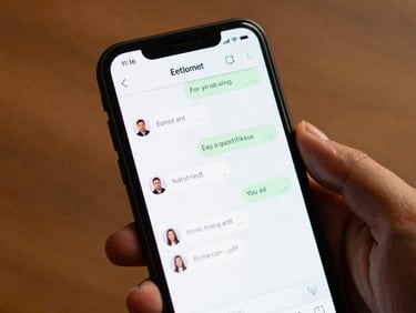 Medium shot of a smartphone screen showing a chatbot conversation interface on a small business website, warm ambient light, hand partially visible holding the phone, clean and readable UI on screen, documentary style