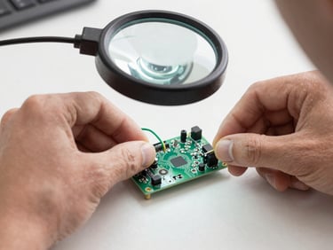 Close-up of hands assembling a custom circuit board under a magnifying lamp, natural side-lighting, green wire accents, crisp editorial style, 35mm lens.