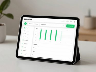High-fidelity UI mockup of a milestone tracking dashboard displayed on a clean tablet screen, side-lit workspace background, sharp focus, neutral tones with signal-green accents.